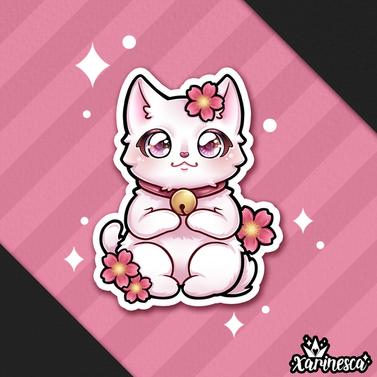 Cherry Blossom Lucky Cat Vinyl Weatherproof Sticker